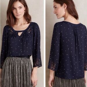 Anthro Maeve Silk cutout silk navy blue white stars 3/4 sleeve blouse sz 6